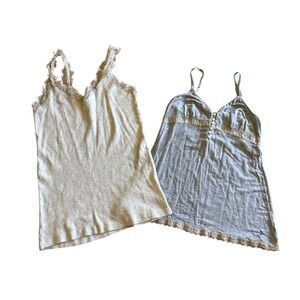Y2K Aerie Miss Me Tank Tops Grey Polka Dot Lace Cami Cream Ribbed Eyelash Lace